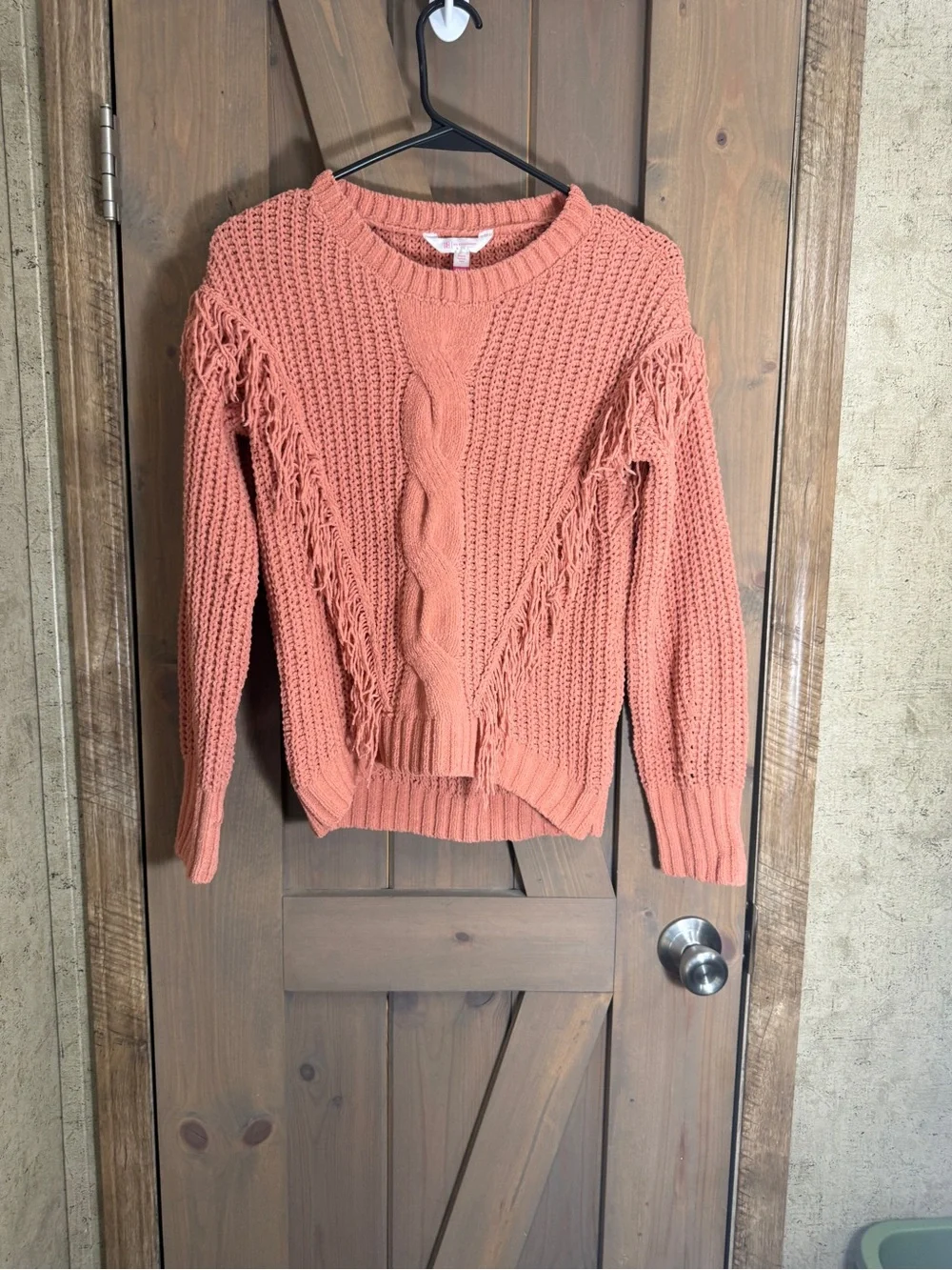 No Boundaries Coral Cable Knit Fringe Sweater
